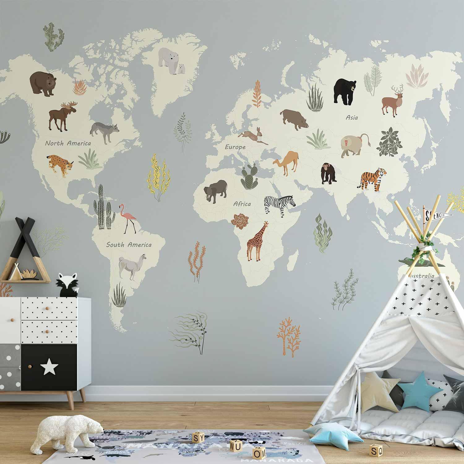 Papier peint chambre enfant carte du monde des animaux