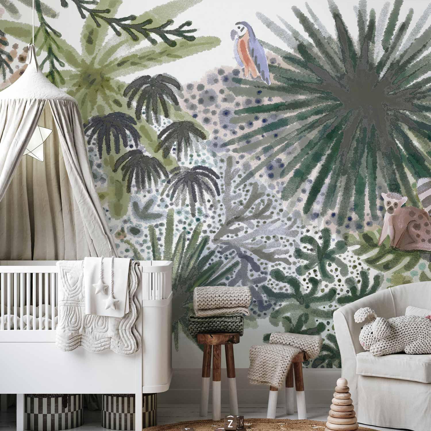 Papier peint chambre enfant jungle tropicale ludique