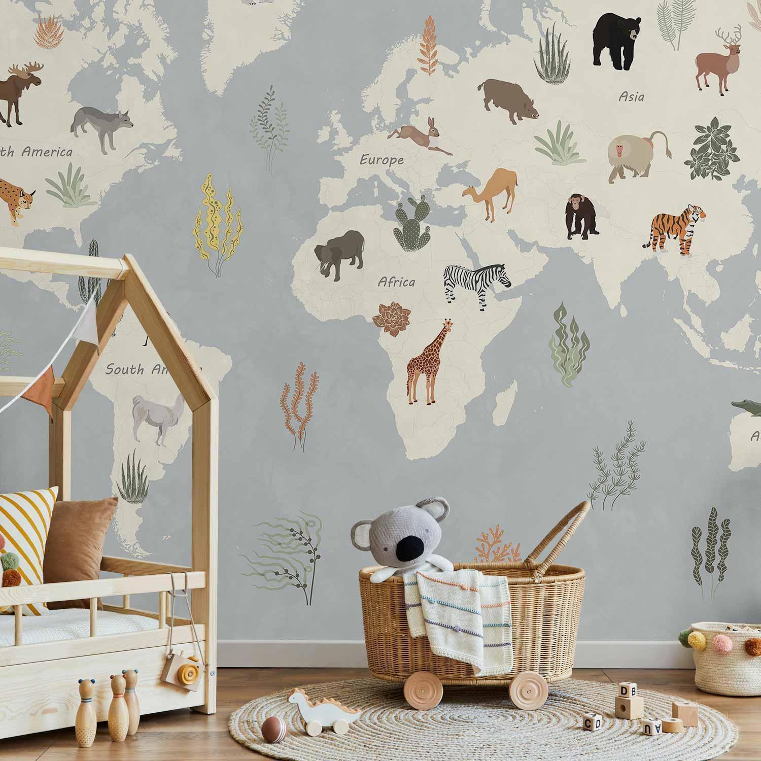 Papier peint chambre enfant carte du monde des animaux