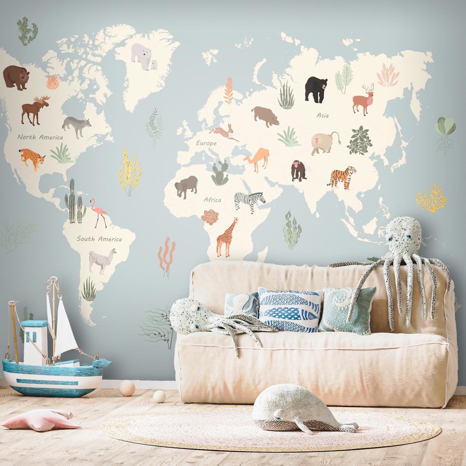 Papier peint chambre enfant carte du monde des animaux