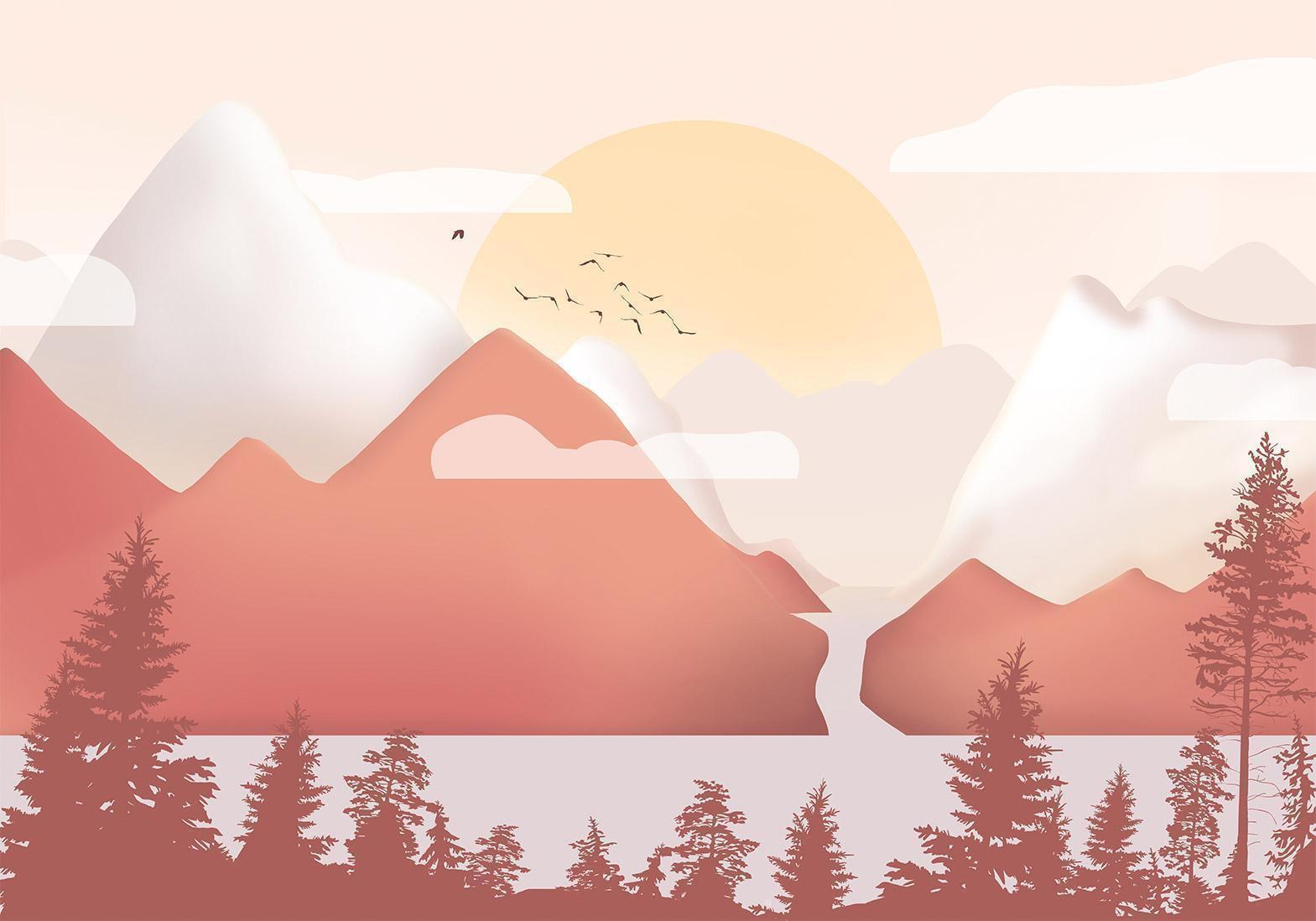 Papier peint chambre enfant paysage montagnes coucher de soleil