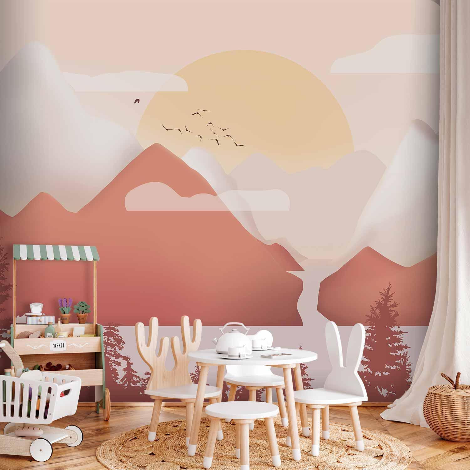 Papier peint chambre enfant paysage montagnes coucher de soleil