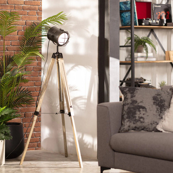 Lampadaire bois et métal noir